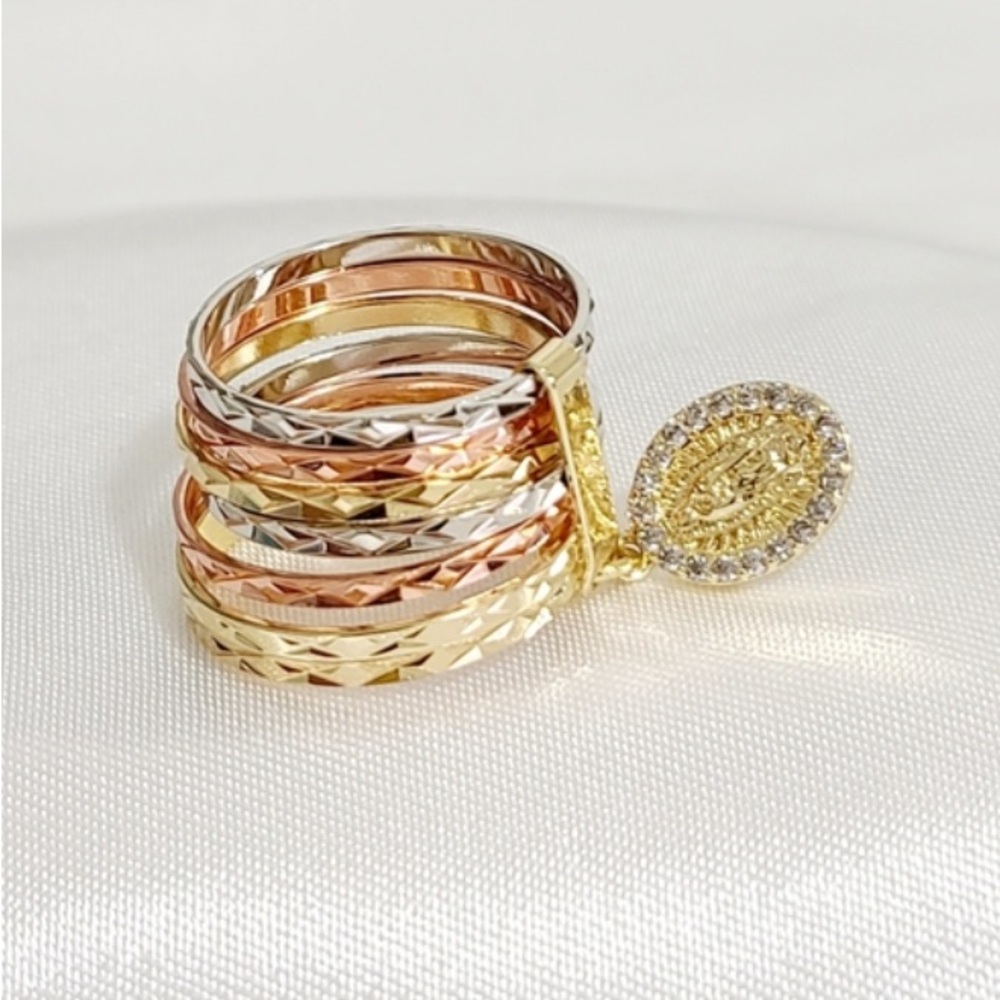 Gold bronze  and Silver Textured Stacking Rings with Saint dangle